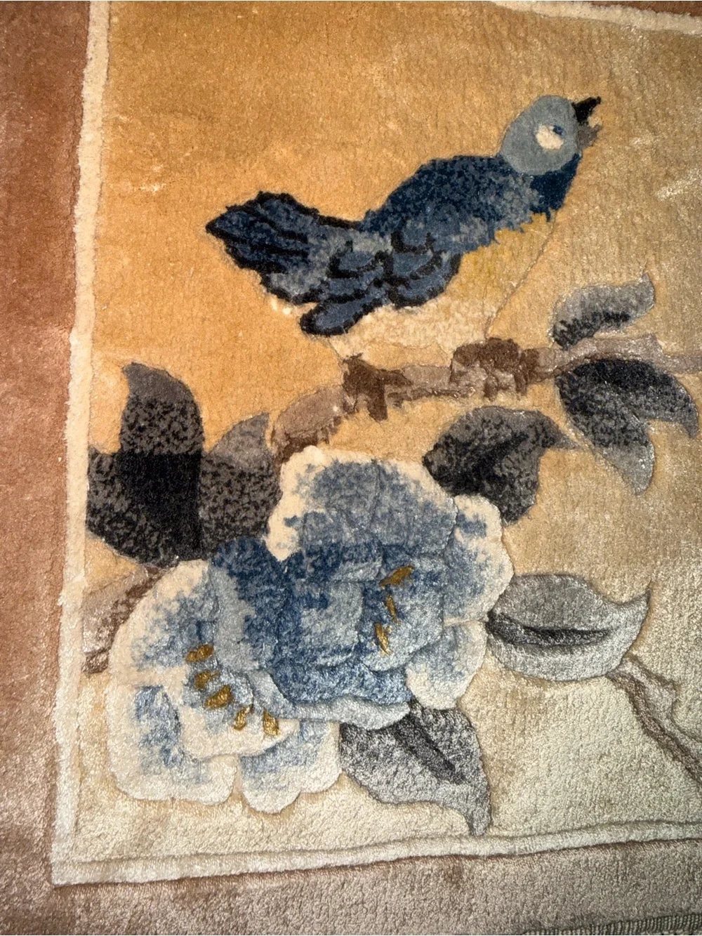 Vtg. Chinese hand-woven silk rug with bird and floral motifs.